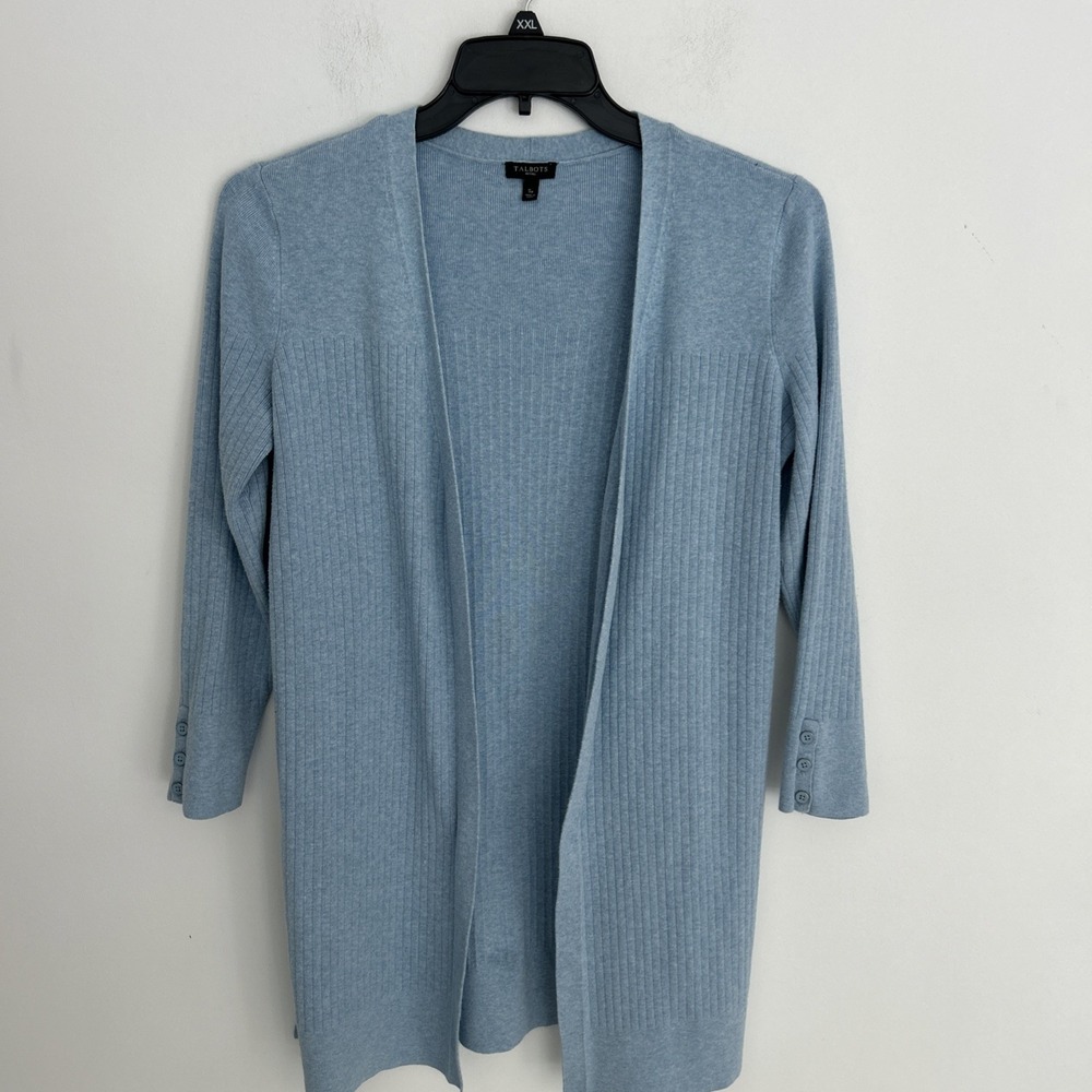 Talbots Petits Small Open Front Knit 3/4 Sleeve Light Blue Long Cardigan Sweater